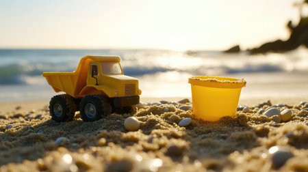 Toy dump truck and sand pail on beach terrain with rippling sand patterns under soft daylightの素材