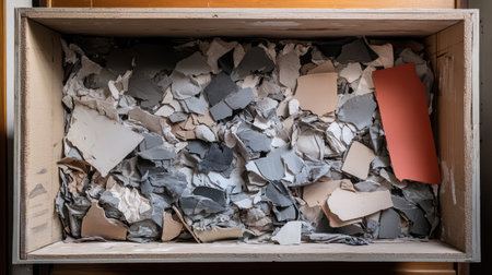 Crumpled packaging material gathered in a container made from recycled plasticの素材