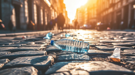 Sunlit street with scattered water bottles, backpacks, and footprints indicating recent group activityの素材