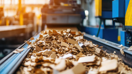 Machine compressing cardboard at a recycling plant with pieces falling onto conveyorの素材