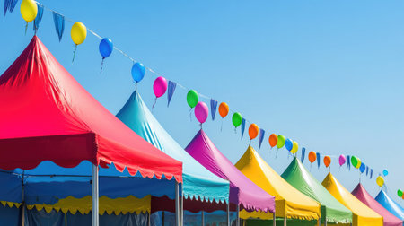 View of a row of colorful festival tents with balloons and streamers swaying in the windの素材