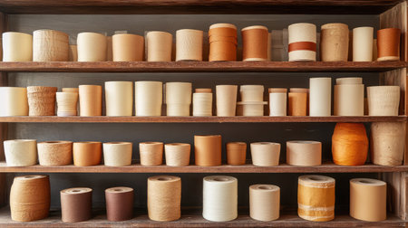 Collection of paper rolls made from  recycled content displayed on wooden shelvesの素材