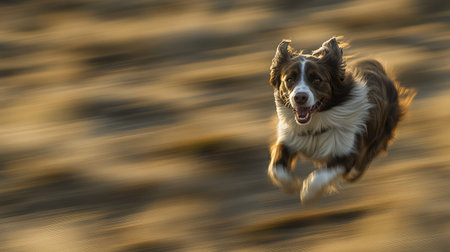 A brown and white dog racing across open farmland, ears bouncing with each strideの素材