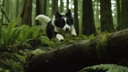 Dog joyfully leaping over a log in the middle of a nature trail, surrounded by greeneryの素材