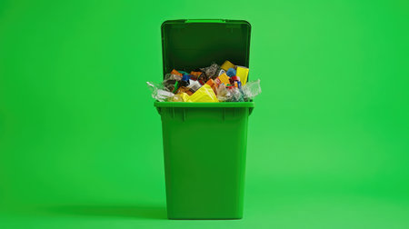 Green bin with open lid revealing an assortment of sorted recyclable plasticsの素材