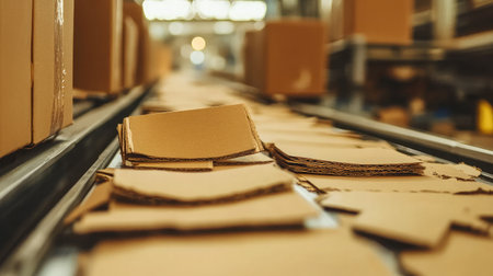 Machine compressing cardboard at a recycling plant with pieces falling onto conveyorの素材