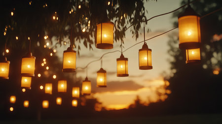 Sunset behind rows of hanging festival lanterns strung across the open-air fieldの素材