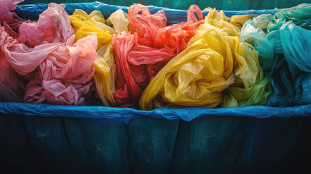 Crumpled packaging material gathered in a container made from recycled plasticの素材