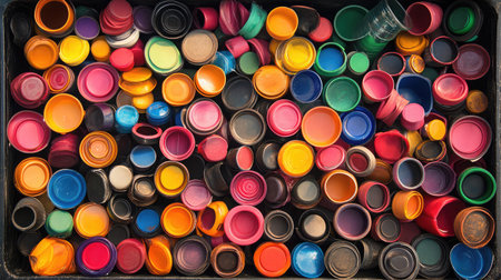 Transparent bin filled with colorful caps and bottle lids ready for recyclingの素材
