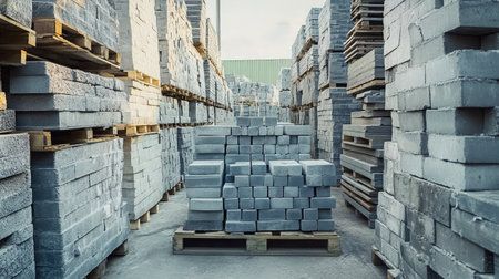 Recycled building materials like tiles and concrete blocks stored on palletsの素材