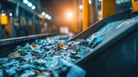 Paper waste being fed into a recycling compactor in a factory environmentの素材