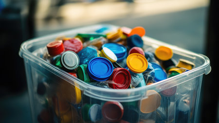 Transparent bin filled with colorful caps and bottle lids ready for recyclingの素材