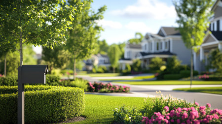 Close-up of a front yard in a housing estate with trimmed bushes, driveway, and a mailboxの素材