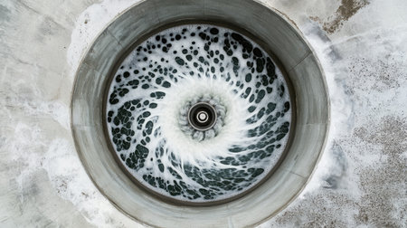 Concrete aeration tank with mechanical rotors agitating wastewater, creating white frothの素材
