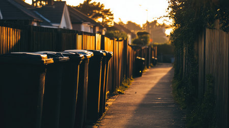 Back alley of a housing estate lined with privacy fences and waste binsの素材