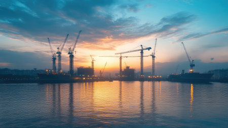Cranes and steel framework in an under-construction industrial plantの素材