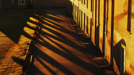 Housing estate during sunset, casting long shadows across driveways and rooftopsの素材