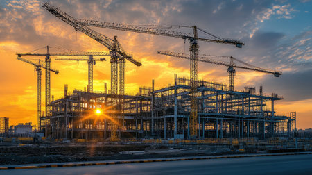 Cranes and steel framework in an under-construction industrial plantの素材