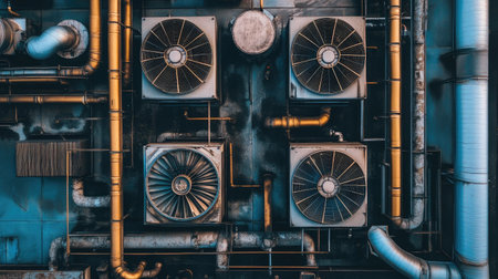 Cooling systems and fans on top of an industrial building with geometric layoutの素材
