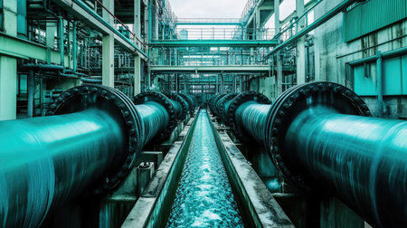 Steel mesh filtration systems inside a treatment facility building, water visibly passing throughの素材