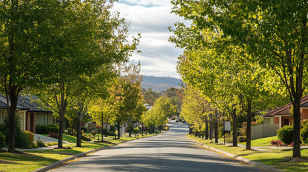 Tree-lined street within a residential estate featuring uniform house designsの素材