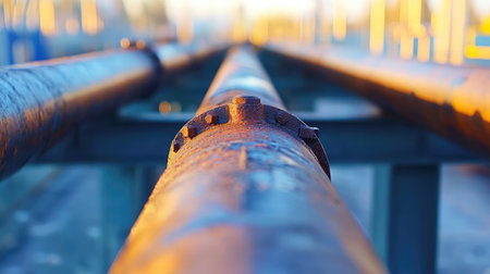 Industrial plant exterior showing rusted pipelines and aging infrastructure in low lightの素材