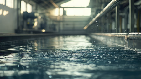 Industrial aerators suspended over an open tank vigorously mixing waterの素材