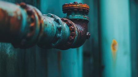 Industrial plant exterior showing rusted pipelines and aging infrastructure in low lightの素材