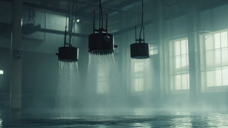 Industrial aerators suspended over an open tank vigorously mixing waterの素材