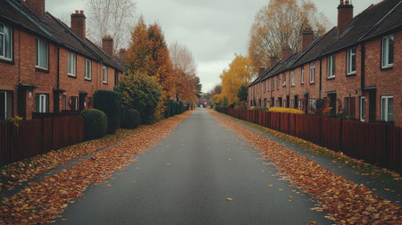 Uniform row of townhouses with brick facades and decorative fencing in a quiet housing estateの素材