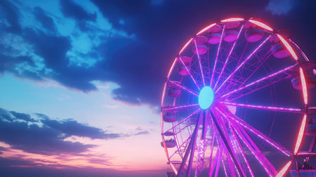 Ferris wheel lit up against a twilight sky with vivid carnival lights and no people in the frameの素材