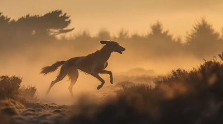 Dog galloping past a line of trees on a misty morning, visible breath in the cool airの素材