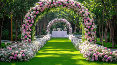 Grass pathway through a summer fair lined with flower arches and decor on both sidesの素材
