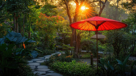 Bright umbrella against the backdrop of a colorful botanical garden at sunriseの素材