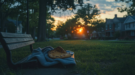 A blanket and a baseball glove left on a bench in the sunset-lit front yardの素材