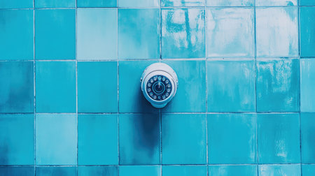 A security camera fixed on a tiled wall in a parking garage, cool tonesの素材