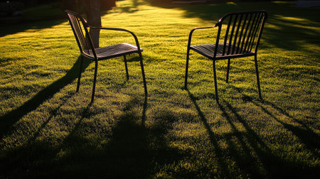 Long evening shadows from two chairs on a grassy front yard touched by soft lightの素材