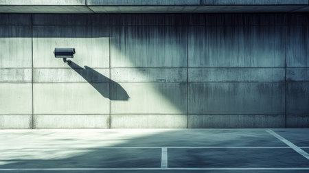 A security camera fixed on a tiled wall in a parking garage, cool tonesの素材