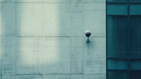 High-tech wall-mounted CCTV camera on the side of a smart building with glass and steel texturesの素材