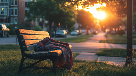 A worn-out bench with a blanket tossed over it in a peaceful yard, backlit by the setting sunの素材
