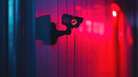Night view of wall-mounted infrared CCTV camera glowing red, mounted on a metal wallの素材