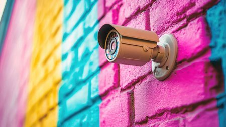 Low-angle view of a security camera mounted on a painted brick wall, vibrant backgroundの素材
