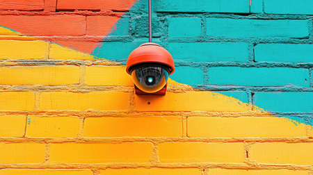 Low-angle view of a security camera mounted on a painted brick wall, vibrant backgroundの素材