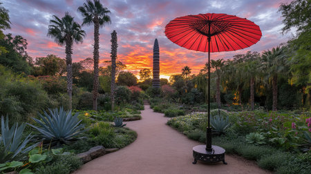 Bright umbrella against the backdrop of a colorful botanical garden at sunriseの素材