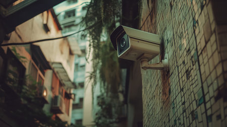CCTV camera aimed at a quiet pedestrian zone, mounted to a tiled building wallの素材
