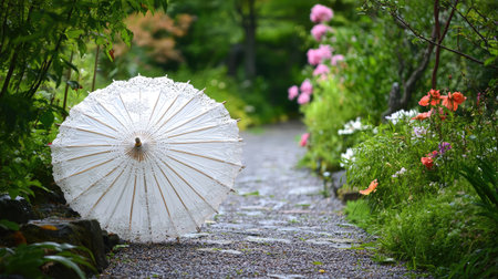 Delicate parasol with lace detailing lying on a garden path surrounded by flowersの素材
