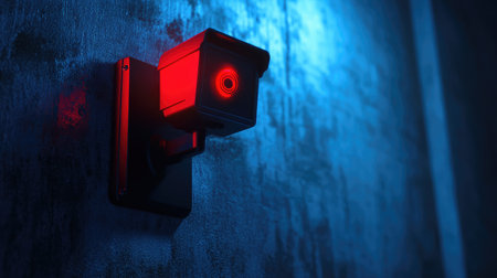 Night view of wall-mounted infrared CCTV camera glowing red, mounted on a metal wallの素材