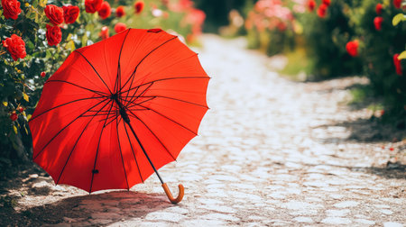 Delicate umbrella placed on a path lined with blooming roses in full sunlightの素材
