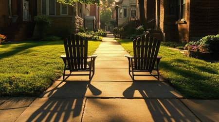 Sun-drenched front yard with two shadows cast by unseen figures sitting in lawn chairsの素材