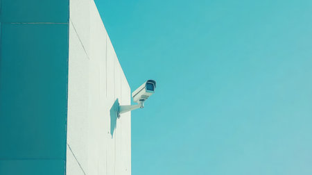 Wall-mounted CCTV on a modern office building, minimal architecture, clear weatherの素材